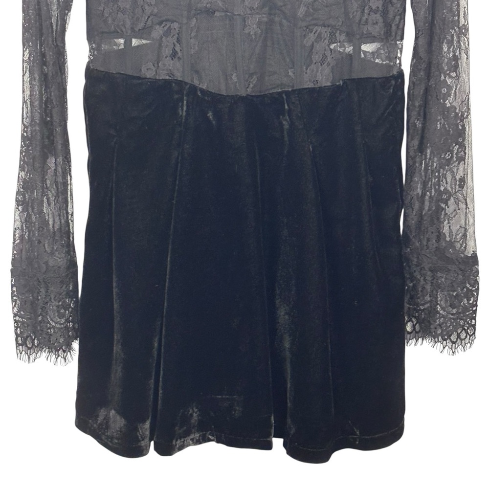 FREE PEOPLE MARLIE BLACK SHEER LACE LONG SLEEVE WHIMSIGOTH VELVET MINI DRESS - Picture 7 of 15